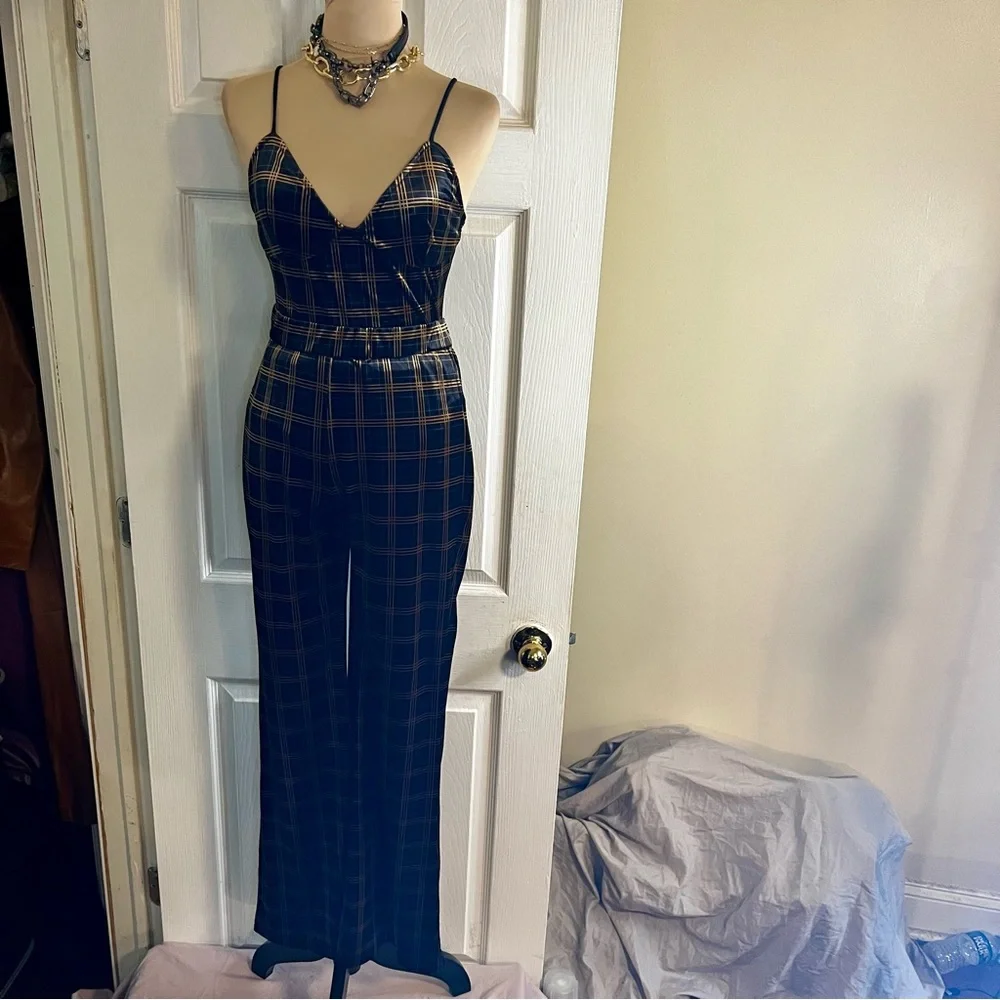 Emory Park Retro 2 Piece Velvet Corset Top Hippie Plaid Wide Leg Pants Brown M